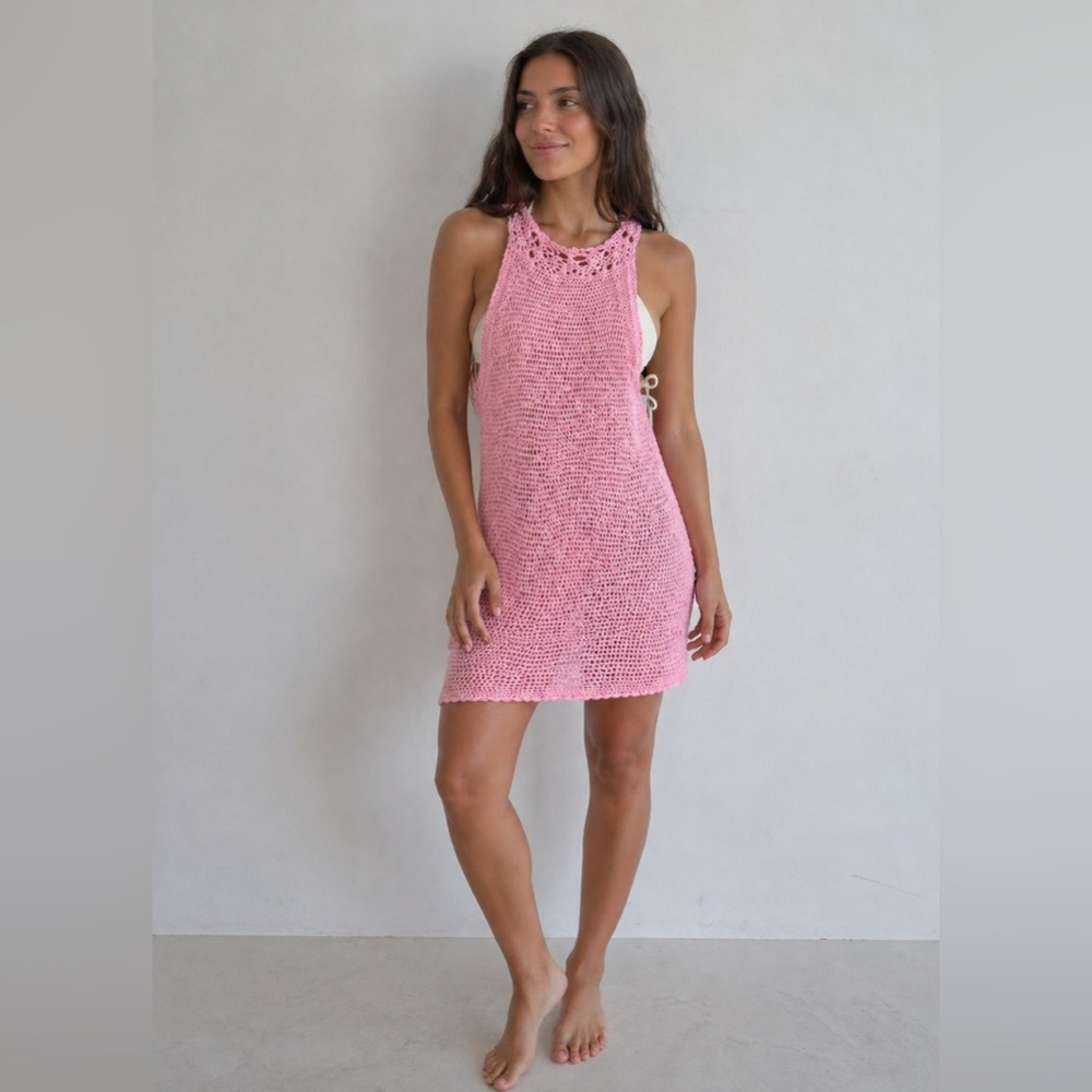 Handmade Pink Crochet Cover-Up Dress – Beach Open Knit Mini M/L